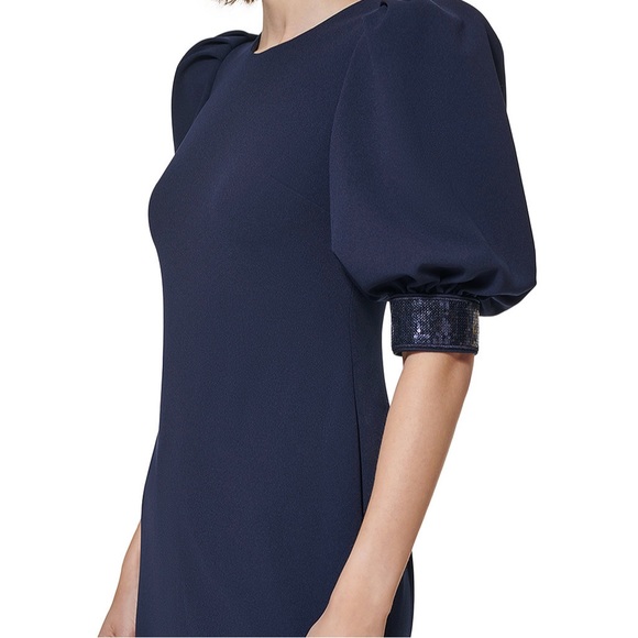 Calvin Klein Navy Sequined Puff-Sleeve Gown - Picture 2 of 14